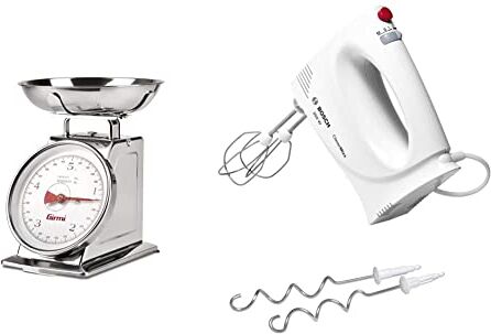 Girmi PS90 Bilancia Meccanica da cucina, 20 g 5 kg, Acciaio INOX & Bosch Elettrodomestici MFQ3030 Sbattitore, Bianco