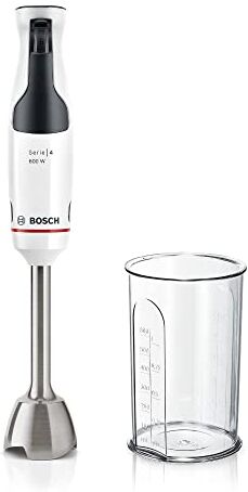 Bosch ErgoMaster Serie 4, Frullatore a Immersione, Motore da 600 Watt, Regolazione Dinamica della Velocità, Sistema QuattroBlade, Accessori Inclusi, Bianco,