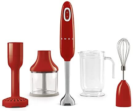 SMEG , Frullatore a Immersione , Funzione Turbo e Sistema di Taglio Flowblend, con Impugnatura Antiscivolo, Avvolgicavo Integrato, Accessori Inclusi, Potenza 700W, Rosso