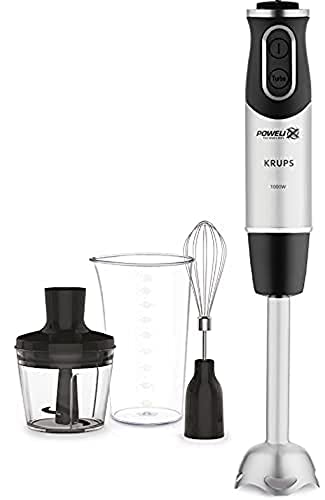 Krups Perfect Mix HZ6568 Frullatore a immersione, 1000 Watt, base in acciaio inox, 4 coltelli extra affilati, tecnologia powelix, frusta, 500 ml, tritatutto da 800 ml, colore: nero/argento