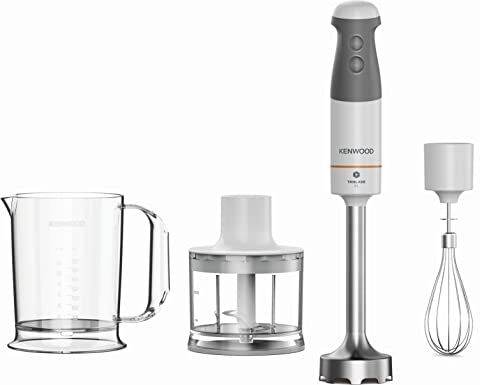 Kenwood Frullatore ad Immersione , Sistema TriBlade con 3 Lame, 1 Velocità+Turbo, Asta in Metallo Lunga 20 cm, Inclusi Frusta a Filo, Bicchiere Graduato, Tritatutto da 0.5 L, 850W, Bianco