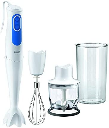 Braun MultiQuick 3 Minipimer  Omelette, Frullatore ad Immersione, Dotato di minitritatutto da 350ml, frusta a filo in acciaio inox e bicchiere graduato da 600ml, potenza 700watt, blu/bianco