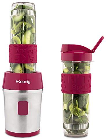 h.koenig Mini Frullatore per SMOOTHIE Compatto 570mL  Senza BPA Potente 300W, Frullatore per smoothie e frullati 2 Bottiglie Portatili con coperchio, 4 Lame in acciaio Inox, fucsia