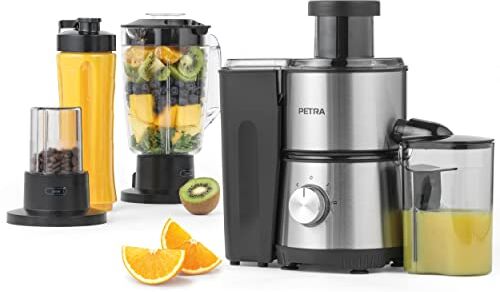 Petra 4 in 1 Centrifuga elettrica spremiagrumi, frullatore, macinacaffè, caraffa da 1 l e Bottiglia, 2 velocità a impulsi, frullati proteici, Tazza da 30 g di caffè, Senza BPA, 400W