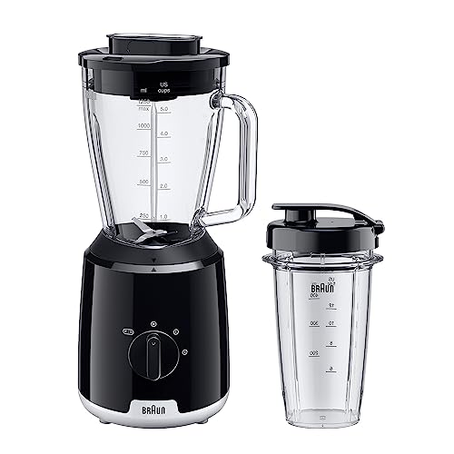 Braun PowerBlend 1 , Frullatore da Tavolo con Bicchiere Smoothie2Go, Frullatore con caraffa di Vetro Triangolare, 2 Velocità, Funzione Tritaghiaccio, 600W, Nero