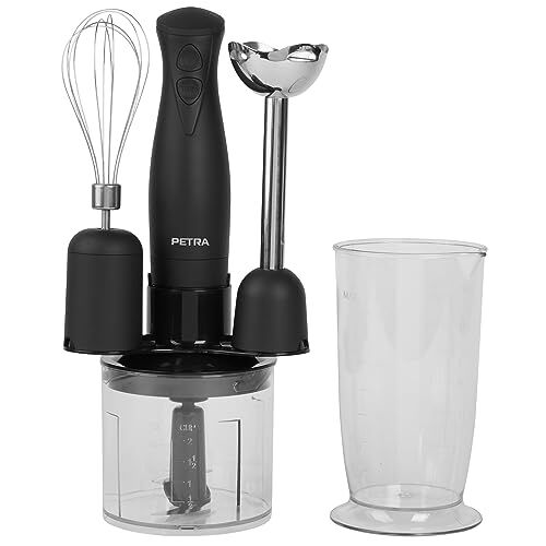 Petra Frullatore 3 in 1 bicchiere da 700 ml, frusta, frullatore e tritatutto senza BPA, recipiente da 500 ml, 2 velocità, lame in acciaio inox, compatto, uso facile, 350 W, Nero