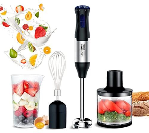 SOKANY Frullatore Immersione 1000W 4-in-1 frullatore multifunzionale, Frullatore (bicchiere 700 ml), Tritatutto (500 ml), Frusta per montare, 2 velocità, zuppe, yogurt, salse, Frusta, Senza BPA