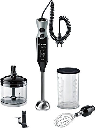 Bosch ErgoMixx Hand Blender Frullatore a Immersione Portatile, 750 W, 12 Velocità, Lama a 4 Ali, Bicchiere Graduato, Mini Tritatutto, Frusta e Lame Tritaghiaccio in Acciaio Inox