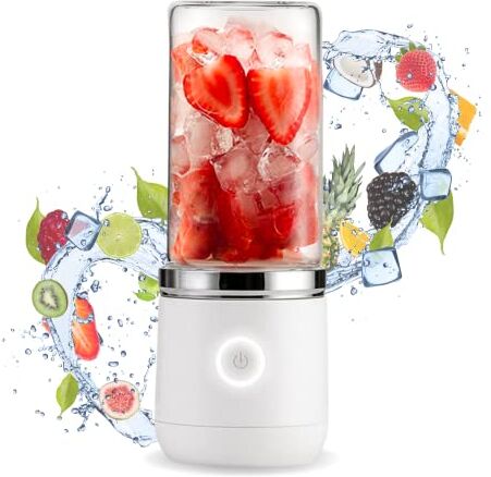 Blend In ® Bottiglia Frullatore Portatile USB Ricaricabile Mini Blender Frullatore Elettrico Portatile per Frutta e Smoothies Fruit Mixer Portatile con 2 Bottiglie in Vetro 400ml e 200ml Bianco