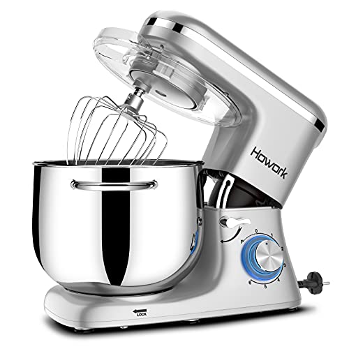 HOWORK Impastatrice Planetaria 1500W 8Litri 6 Velocità Robot da Cucina con uncino impastatore e mescolatore in alluminio, frusta in acciaio INOX, coperchio paraschizzi, D'argento