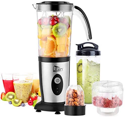 Uten Frullatore Smoothie, 5 in 1 Mini Blender Frullatori da Cucina, 220W Juicer per Frullato, Frullatore Portatile con Tritacarne, per Sport, Viaggi e Casa, 22000r/min, Fucco di Frutta e Verdura