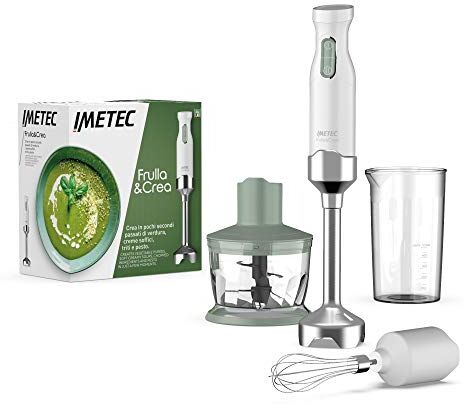 Imetec Frulla&Crea Frullatore a Immersione, 3 Accessori, Tritatutto, Frusta e Bicchiere BPA free, Piede Large, 2 Velocità, 1000 W, 15000 Giri Minuto