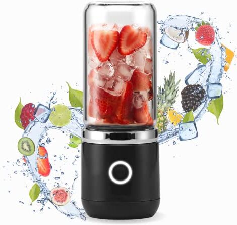 Blend In ® Bottiglia Frullatore Portatile USB Ricaricabile Mini Blender Frullatore Elettrico Portatile per Frutta e Smoothies Fruit Mixer Portatile con 2 Bottiglie in Vetro 400ml e 200ml Negro