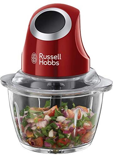 Russell Hobbs Tritatutto, Vasca in vetro 500 ml, Pulsante aizonabile con una sola mano, tritacarne, frullatore elettrico, pesti, verdure e frutta, Lama Multiuso Acciaio Inox, 200 W, Rosso,