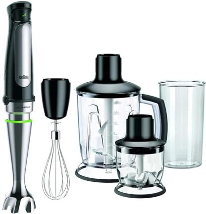 Braun MultiQuick7 Minipimer, Frullatore ad Immersione dotato di Grande Tritatutto 1,25L con funzione tritaghiaccio, frusta a filo, 350ml, bicchiere graduato 600ml, 1.000W, Nero