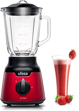 Ufesa Amber Red Frullatore da Tavolo Compatto, 900 W, Caraffa in Vetro da 0.8 L, 2 Velocità + Pulse, 4 Lame Inox, Chiusura Ermetica, Tritaghiaccio, Senza BPA, Inox Rosso, Esclusiva Amazon