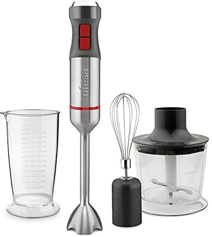 Ufesa Vario 1200 Max Frullatore a Immersione-Minipimer, 1200 W, 4 Lame in Acciaio Inox, 20 Velocità e Turbo, Design ergonomico e Antischizzo, Accessori Inclusi, BPA Free, Nero/Grigio