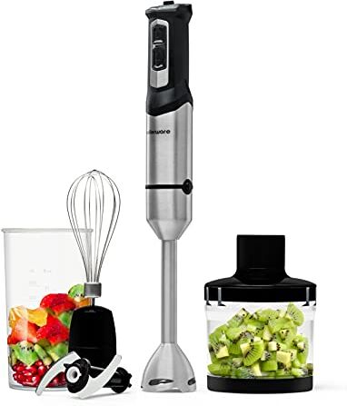 Mellerware Frullatore a Immersione multifunzione Spiro!   1000 W   Velocità regolabile + TURBO   Minipimer piccolo 3in1   4 lame   Acciaio Inossidabile   Tritaghiaccio   3 accesori   Nero