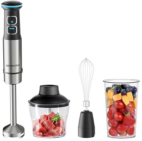 SROWORO 1500W Frullatore a Immersione, 4 in 1 Minipimer Immersione, Mixer Cucina con 21 Velocità Regolabili Mixer Immersione, Misurino da 800 ml, un Tritatutto da 600 ml, Frusta, senza BPA