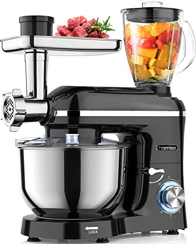 homlee 3 in 1 Robot da Cucina, Impastatrice Planetaria Multifunzione 5.5L Litri Terrina In Acciaio Inox,1,5L Frullatore Succo,Set Per Salsicce, 6 Velocità