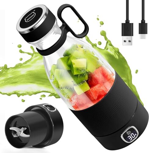 MIAOKE Frullatore portatile a 6 lame, per succhi di frutta, frullati e frullati, mini frullatore con display a LED, ricaricabile tramite USB, batteria ricaricabile da 3000 mAh, per sport a casa,