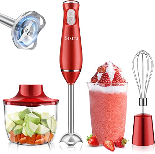 Sisiru Frullatore a Immersione 4 In 1, 800W Minipimer Professionale,Mixer Frullatore ad Immersione Rosso, Tritatutto, Frusta Elettrica, Senza Bpa, Mixer ad Immersione per Frullati, Purea, Pappe