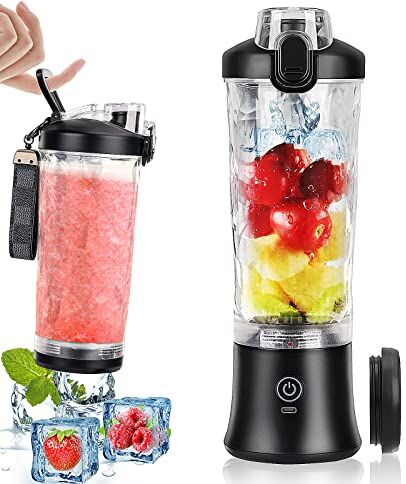 HuiJuKeJi Frullatore portatile, 600ML Mini Frullatore USB Ricaricabile con 6 Lame e Spazzola Frullatore Personale per Frullati, Frutta e Verdura Tazza per Casa, Campeggio e Viaggi