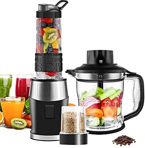 WAWORIO Frullatore Portatile, 3 in 1 Mini Frullatore Smoothie 700W/ Tritatutto/Macinino con 570ML Bottiglia, Elettrico Frullatore Professionale per Frutta Verdura Fare Succhi Frullati, Senza BPA