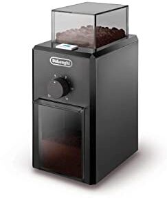 DeLonghi Macinacaffè elettrico, Macinacaffè professionale a Pressione con 16 Livelli di Macinatura, Pulsanti soft touch, Fino a 12 tazze, Dispositivo di sicurezza, Nero