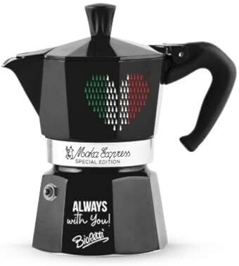 Bialetti Moka Express Caffettiera italiana da 3 tazze, edizione limitata, colore: Nero con cuore italiano