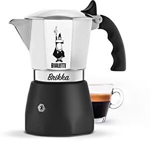 Bialetti Caffettiera Brikka, 2 Tazze (100 ml), Espresso Cremoso come al Bar, Non Adatta a Piano Induzione, Misurino incluso, Manico antiscottatura, Design Elegante, Alluminio