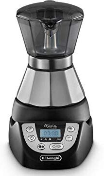 DeLonghi Alicia PLUS  Caffettiera Moka Elettrica 1-2 Tazze, Caffè caldo per 30 minuti, Spegnimento automatico, Risparmio energetico, Facile da usare e da pulire, Nero/Argento