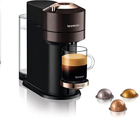 Nespresso De'Longhi  Vertuo Next, Macchina per caffè ed espresso con WiFi e Bluetooth integrati, automatica, con capsule e sistema di preparazione con un solo tocco, , marrone