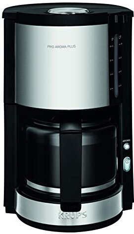 Krups KM321 Proaroma Plus Macchina da caffè con recipiente in vetro, 10 tazze, 1100 W, design moderno, Nero con inserti in acciaio inox