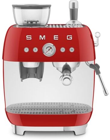 SMEG , Macchina da Caffè Espresso Manuale , con Macinacaffè Integrato, Thermoblock, 4 Livelli di Temperatura, Lancia a Vapore e Manometro, Serbatoio da 1 L, Dimensioni Compatte, 1350W, Rosso