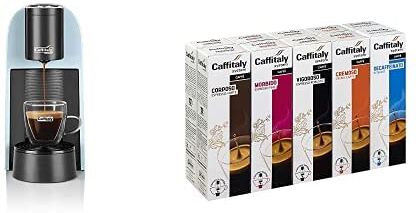 Caffitaly System VOLTA S35 Macchina da Caffè Espresso a Sistema Chiuso per Capsule Originali R-Smart con Poggia Tazze, Celeste + Capsule Originali con Sistema R-smart, Variety Pack 100 Capsule