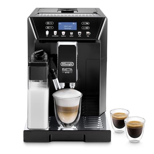 DeLonghi Eletta Evo  macchina da caffè automatica, con sistema lattecrema, cappuccino ed espresso premendo un pulsante, display LCD e tasti sensori, 2 litri, colore nero
