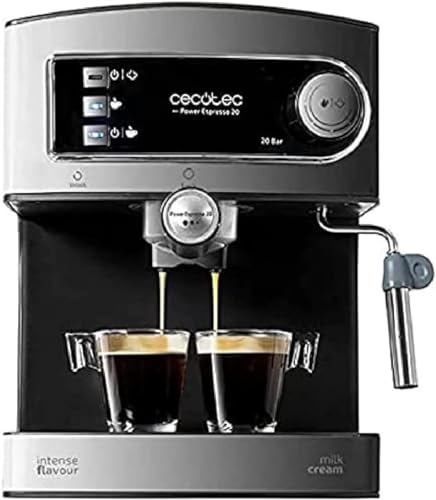 Cecotec Macchina da Caffè Espresso Power Espresso 20. 850 W, Pressione 20 Bar, Serbatoio 1,6 L, Uscita A Doppio Braccio, Vaporizzatore, Superficie A Tazza Calda, Finiture in Acciaio Inox