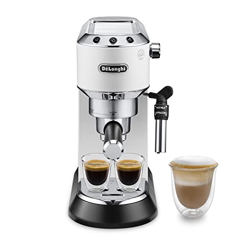 DeLonghi Dedica  Macchina da Caffè Espresso Manuale e Cappuccino, Polvere o Cialde E.S.E., Spegnimento Automatico, Serbatoio Estraibile 1L, Scaldatazze, Potenza 1350W, 15bar,Bianco