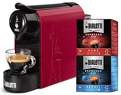 Bialetti Gioia, Macchina Caffè Espresso Incluse 32 Capsule, Funziona esclusivamente con Capsule , Rosso