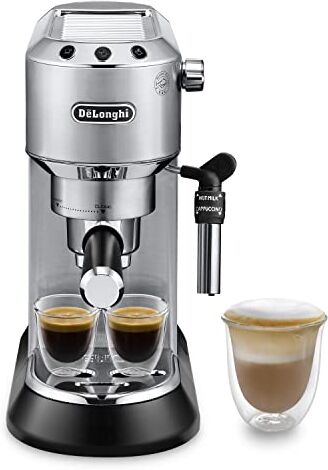 DeLonghi Dedica EC685.M Macchina da Caffè Espresso Manuale e Cappuccino, Caffè Polvere o Cialde E.S.E., Spegnimento Automatico, Serbatoio Estraibile 1L, Scaldatazze, Argento