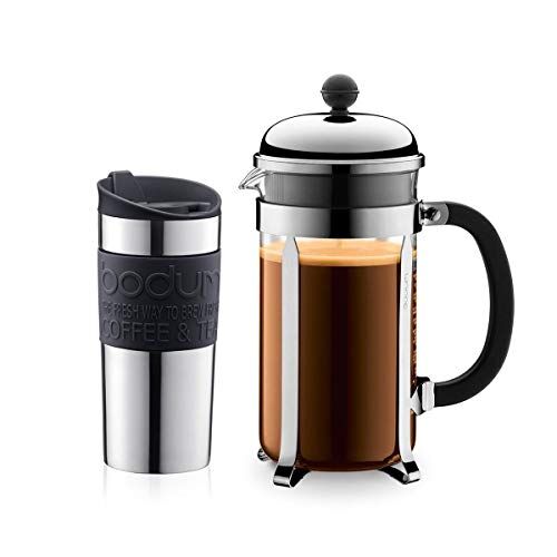 Bodum Set Macchina da caffè a pistone per 8 Tazze con Tazza Mug in Acciaio Inox e Fascia in Silicone, Colore: Nero