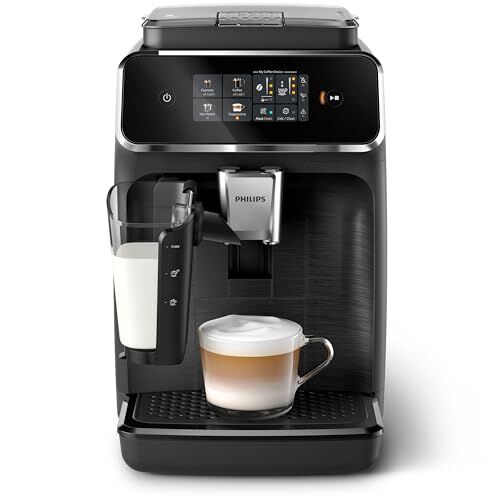 Philips Serie 2300 Macchina da caffè automatica 4 tipi di bevande, Display touch screen a colori, LatteGo, SilentBrew, Macinacaffè in ceramica al 100%, Filtro AquaClean. Nero Opaco ()