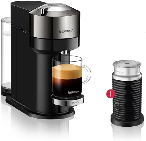 Nespresso Krups Vertuo, macchina da caffè con Aeroccino, 3 montalatte, spegnimento automatico, breve tempo di riscaldamento, sei misure di tazza, facile da preparare, salvaspazio