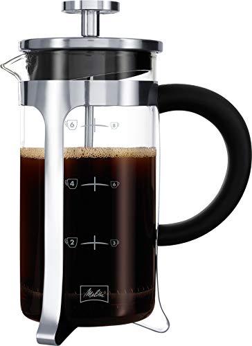 Melitta Caffettiera a pistone in vetro graduato, French Press, per caffè o tè, contenitore adatto al microonde, in acciaio inox, 1 l (8 tazze) Premium, acciaio inox