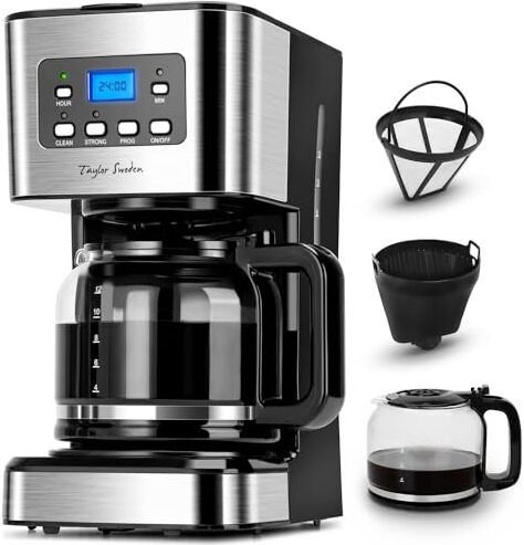 Taylor Darcy Macchina da caffè 950W da 12 tazze e capacità da 1.5L con filtro riutilizzabile e base con mantenimento caldo, sistema antigoccia, timer e BPA FREE