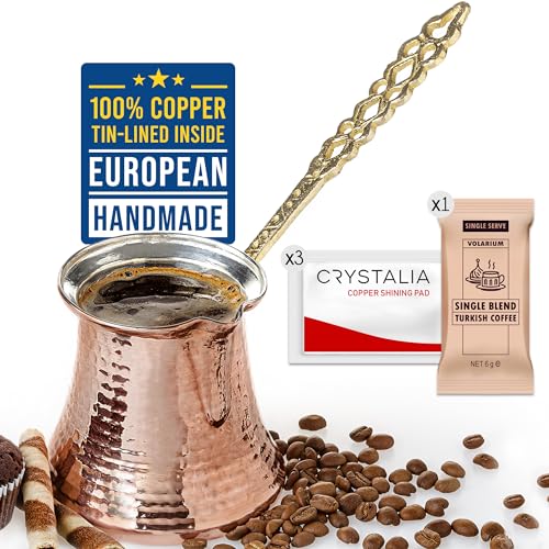 Volarium CRYSTALIA Premium Caffettiera Turca 425ml Cezve Turco, Pentolino Turco, Caffettiera Araba Greca Fatta a Mano, Caffettiera per Caffè Turco Cezve, Caffettiera Vintage, Arabo Ibrik, Caffettiera in Rame