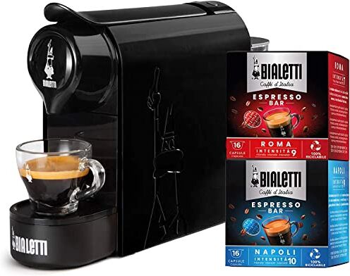 Bialetti Gioia, Macchina Caffè Espresso per Capsule in Alluminio, Incluse 32 Capsule, Supercompatta, Serbatoio 500 ml, Nero