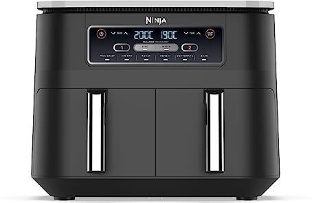 Ninja Foodi Dual Zone Friggitrice ad Aria, 7.6L, 6 in 1, 2 Cassetti, Antiaderente, Massima Croccantezza, Frigge Senza Olio, Arrostisce, Cucina, Riscalda, Disidrata, 4-6 Porzioni, Nero,