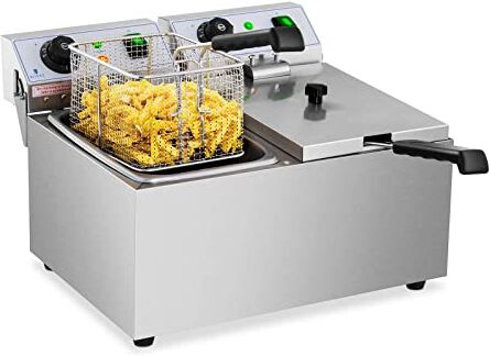 Royal Catering Friggitrice Professionale Friggitrice Elettrica Doppia RCEF 08DB (2 x 3.200 W, 2 x 8 L, Intervallo di temperatura: 50-200 °C, Zona fredda, Con coperchio)